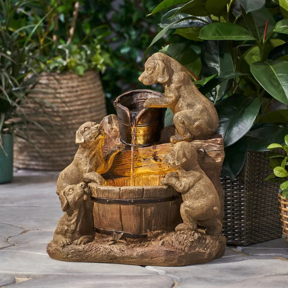 22.75 Inch Water Fountain High Handcrafted Polyresin Outdoor Waterfall Feature With LED Lights And Puppy Design For Garden Decor
