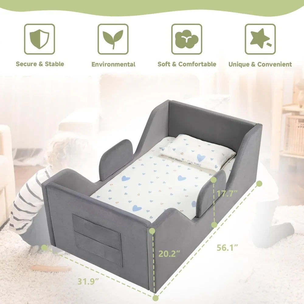 Toddler Floor Bed with Removable Safety Rails and Storage Bag, Kids Bed for Girl and Boys, Standard Crib Size, Safety Upholstere