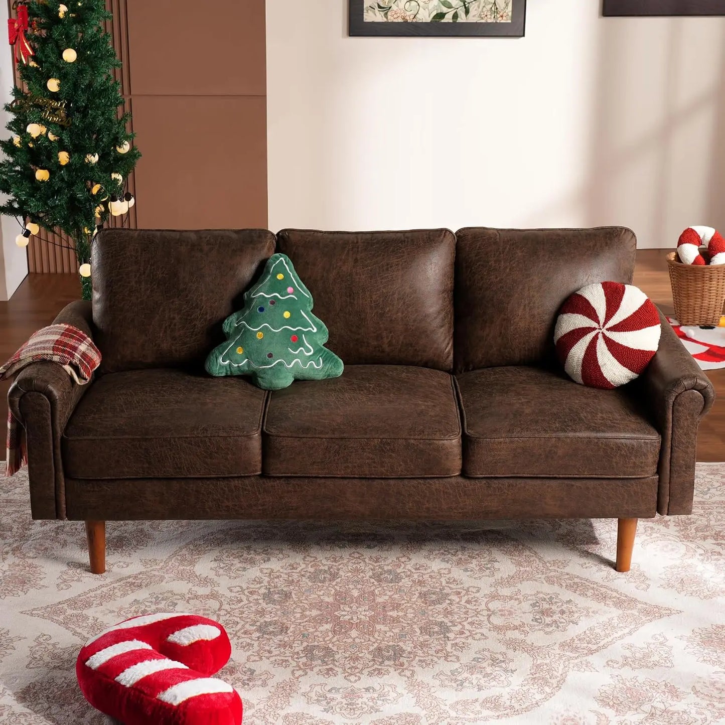 Faux Leather Mid-Century Modern Sofa for Living Room,3 Seater Couch with Comfy Cushions,73" Upholstered Sofas with Deep Seat