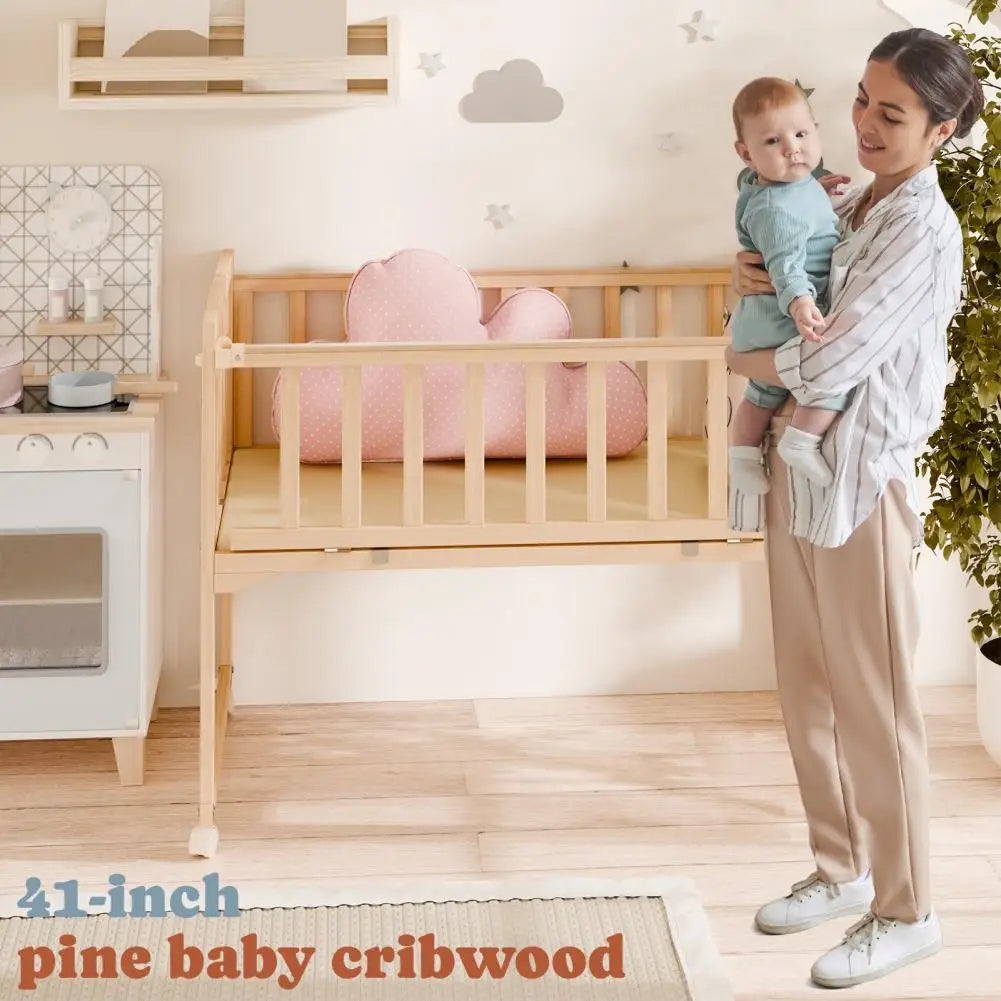 Wooden Bedside Bassinet, Pine Wood Crib With Detachable Fence And Wheels, Baby Bed Crib For Newborns And Infants