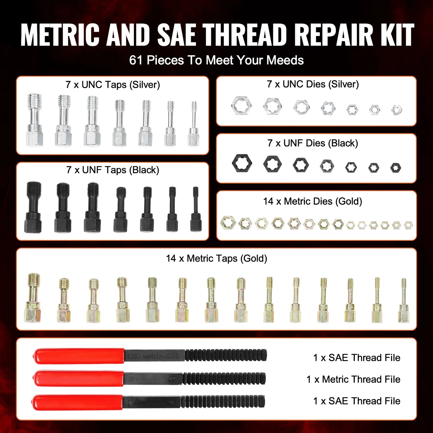 VEVOR Thread Chaser Set UNC UNF Metric Thread Restorer Tool Rethreading Tool Kit Heat Treated Steel for Mechanics DIY Enthusiast
