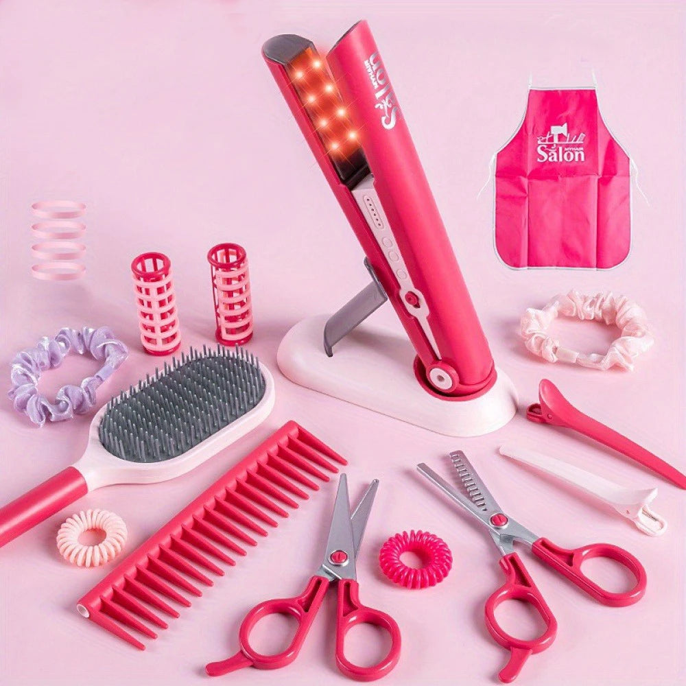 Girls Beauty Salon Set Fake Dress Up Stylist Barber Tool Kit with Hair Dryer Scissors Barber Apron and Styling Accessories