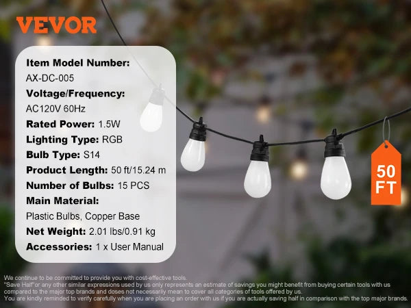 SucceBuy RGB Outdoor String Lights with APP Control 15 Single-Color Adjustable Brightness Time Setting Waterproof Hanging Lights