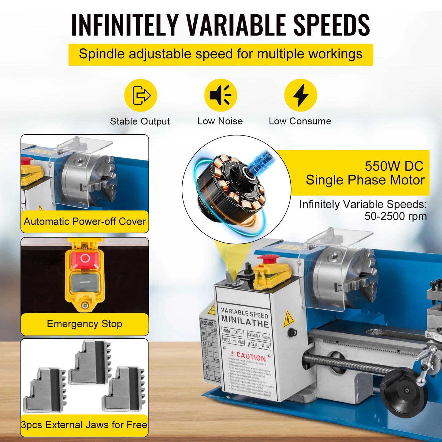 SucceBuy Mini Metal Lathe Machine 7"x14" 550W 180x350mm Variable Speed + 3 Jaw Chuck for Metalworking Turning Drilling Threading
