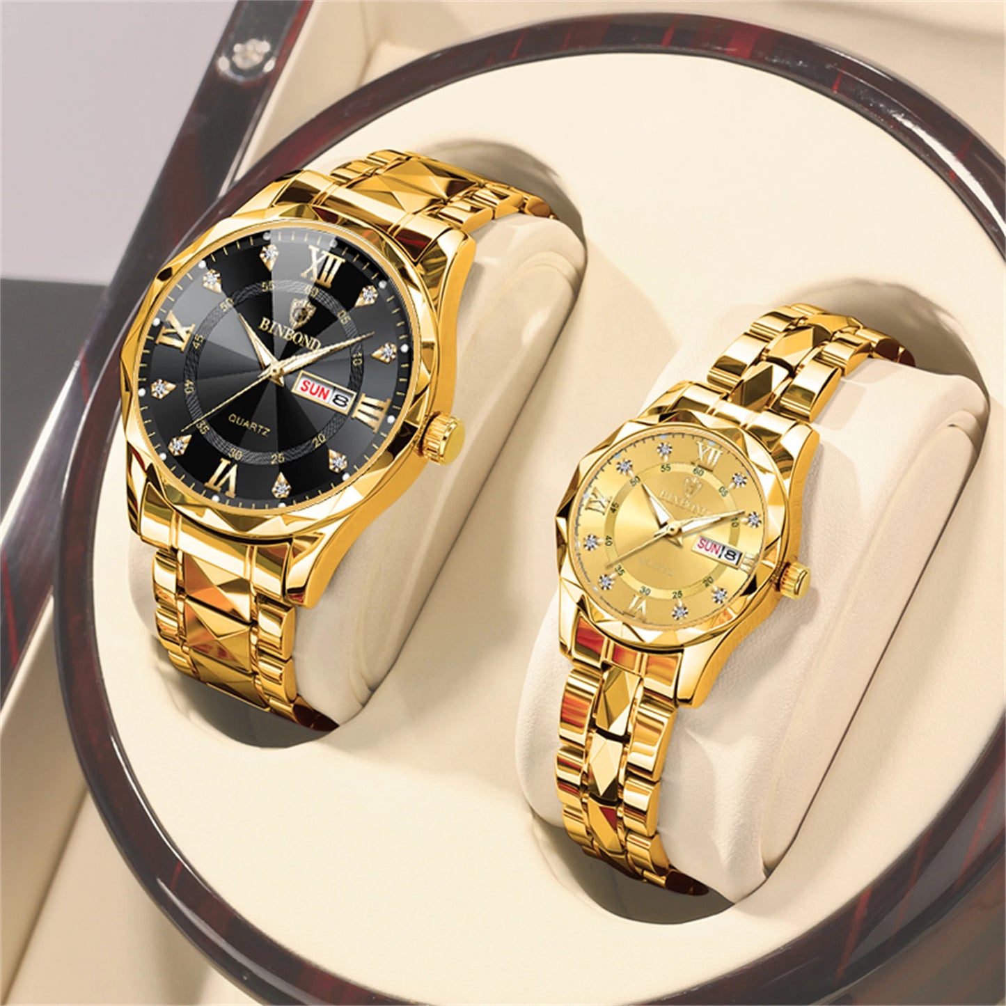 2pcs/set Couple Watches for Men and Women 316 Stainless Steel Strap Gold and Silver Blue dial English Week Calendar Date Display