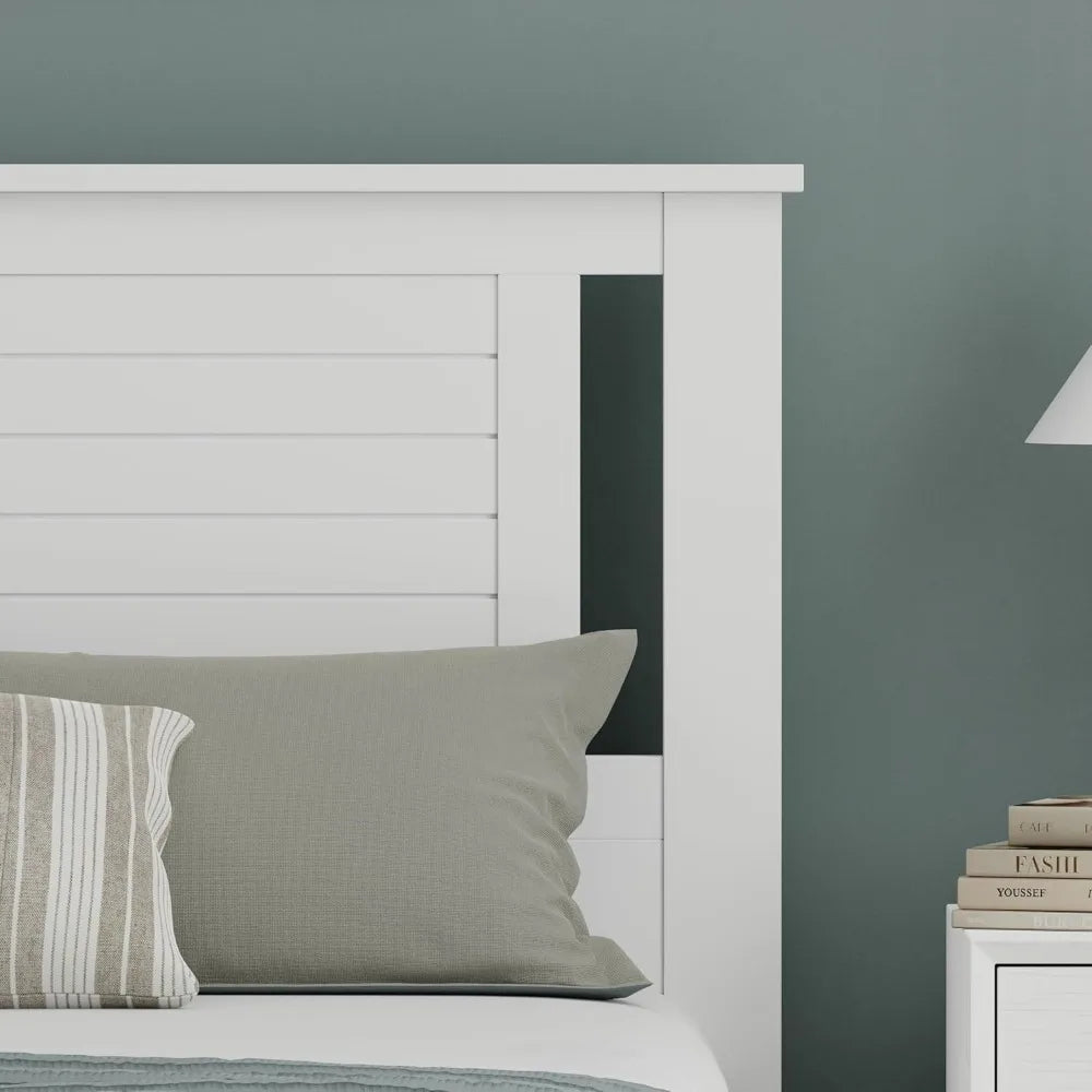 Modern Farmhouse Style White Full Headboard with Horizontal Grooves and Serene Poplar Wood Finish