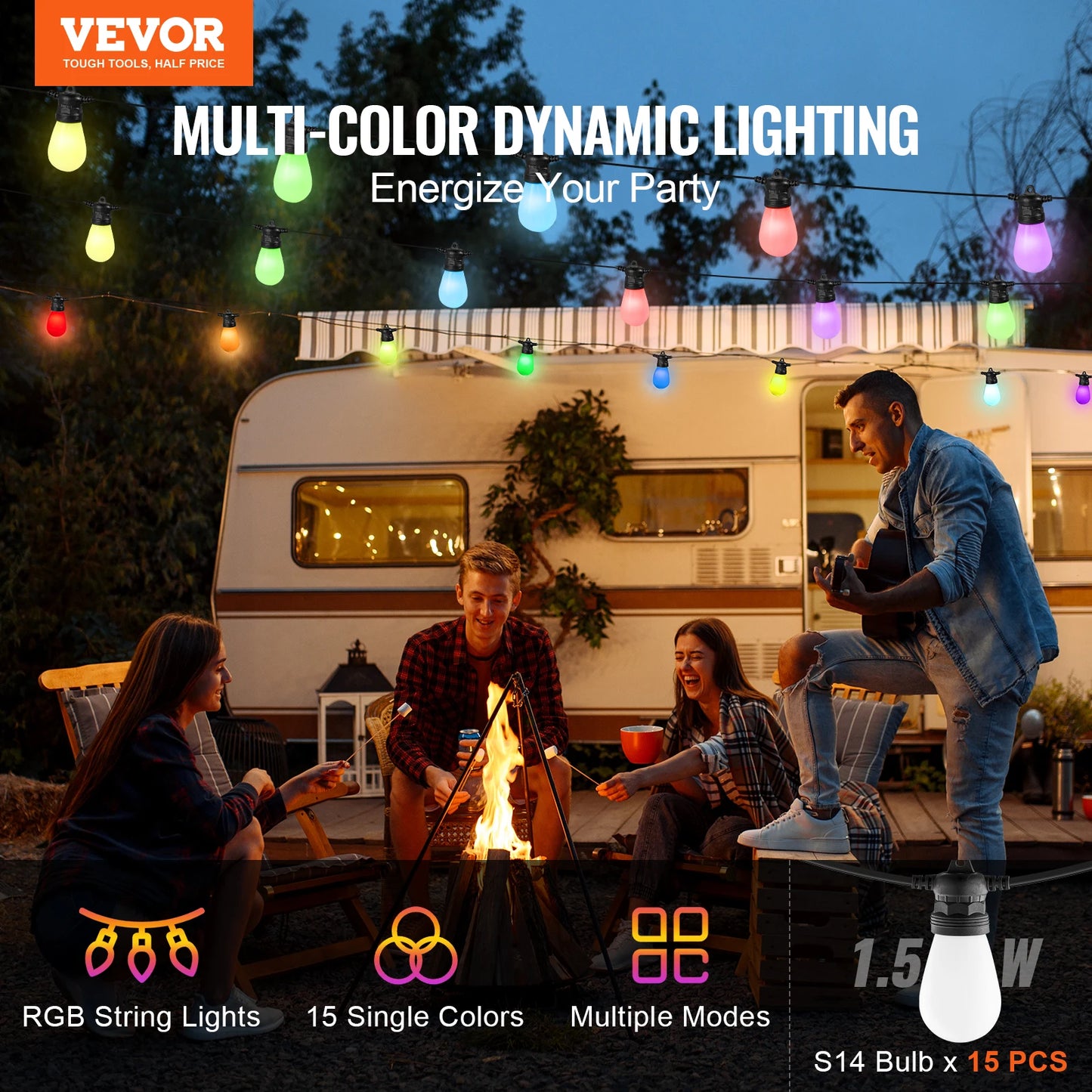 SucceBuy RGB Outdoor String Lights with APP Control 15 Single-Color Adjustable Brightness Time Setting Waterproof Hanging Lights