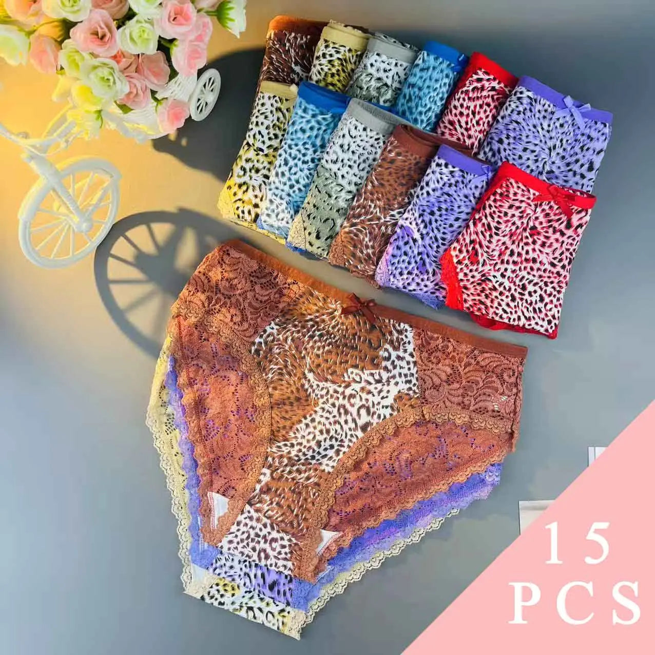 15Pcs [Women's Underwear] Plus Size Cotton Seamless Leopard-prints Comfortable Breathable Mid-Crotch Lady Briefs