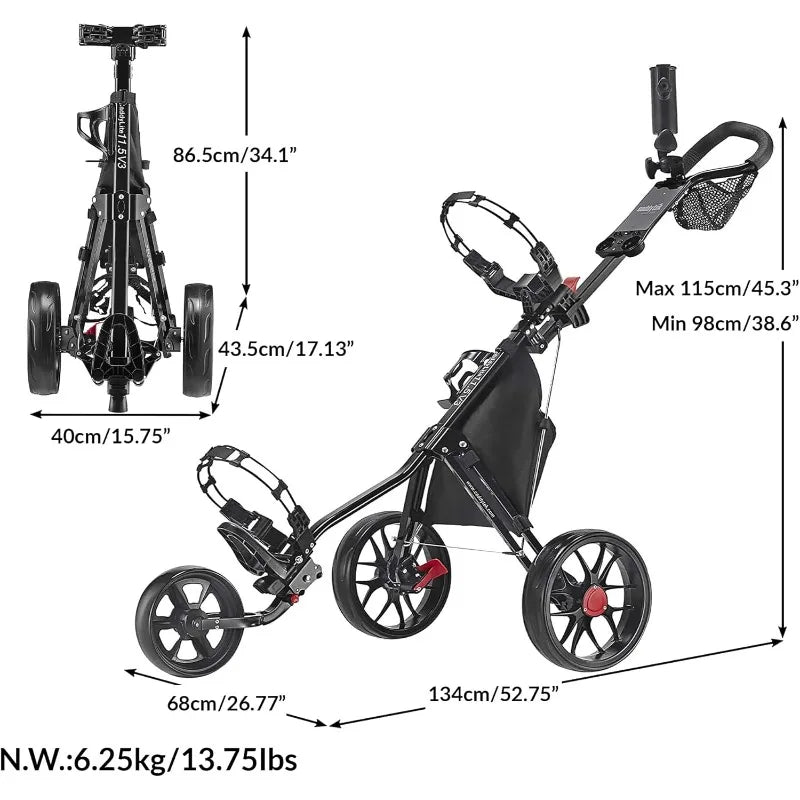 CaddyTek CaddyLite 11.5 Version 3 Golf Push Cart – 3-Wheel, SuperLite Deluxe, Lightweight, Easy to Fold, Compact & Portable