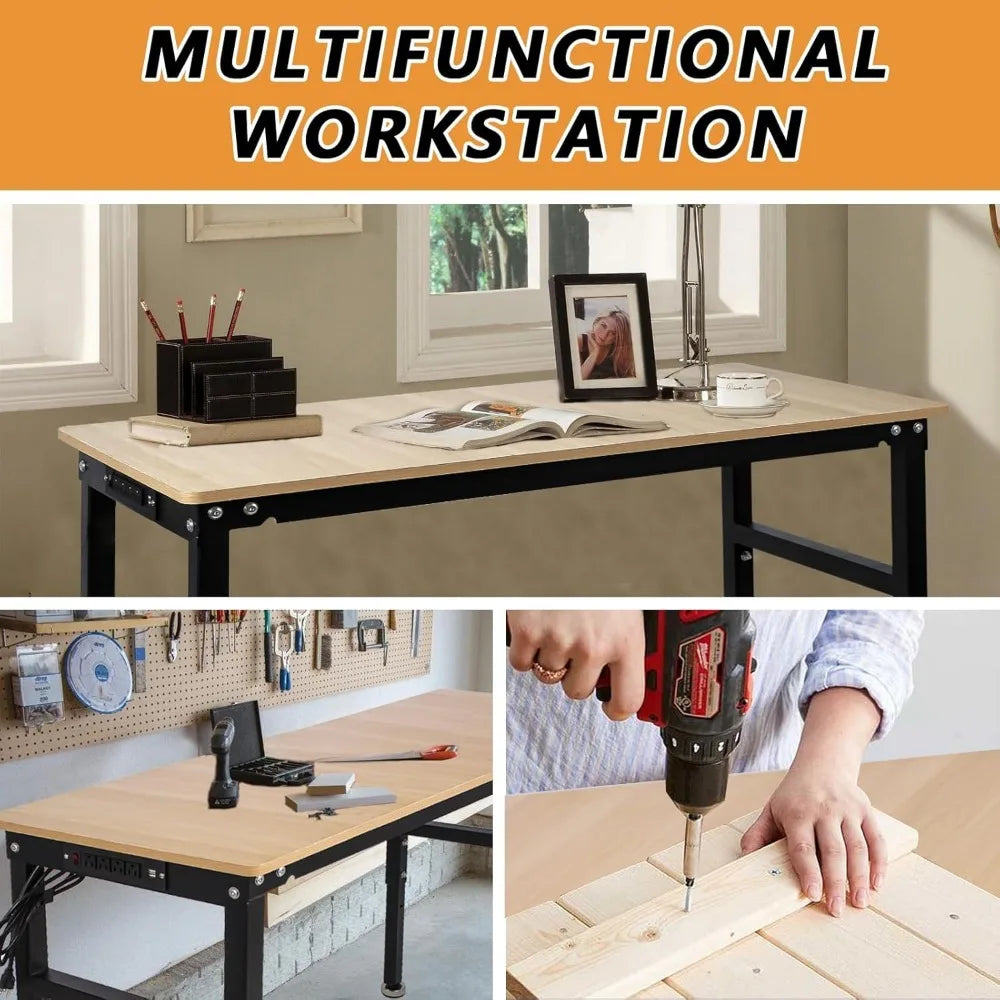 60'' Adjustable Work Bench with Power Outlet, Work Table for Garage,2000 Lbs Capacity Hardwood Workbench,Heavy Duty Table for Wo