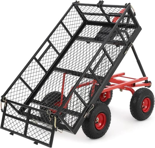 Flat Free Tires Steel Garden Cart with 180° Rotating Handle and Removable Sides, Heavy Duty Utility Garden Carts and Wagons