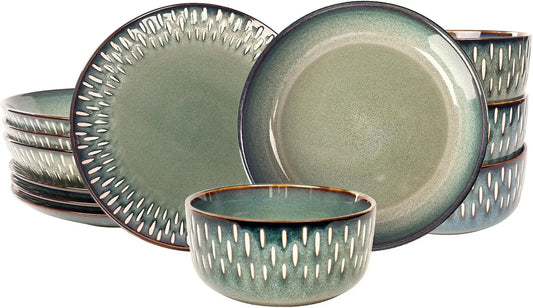 Dinnerware Sets 12 Pieces - Round Reactive Glaze Tableware - Kitchen Dinnerware Porcelain Crockery with Dinner Plate, Bowl and S