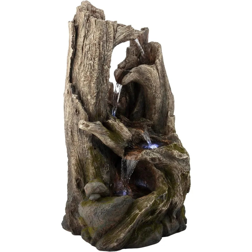 WIN786 4 Tier Rainforest Tree Trunk Waterfall Fountain with LED Lights Outdoor Garden, Patio, Yard and Porch Decor, 40"H