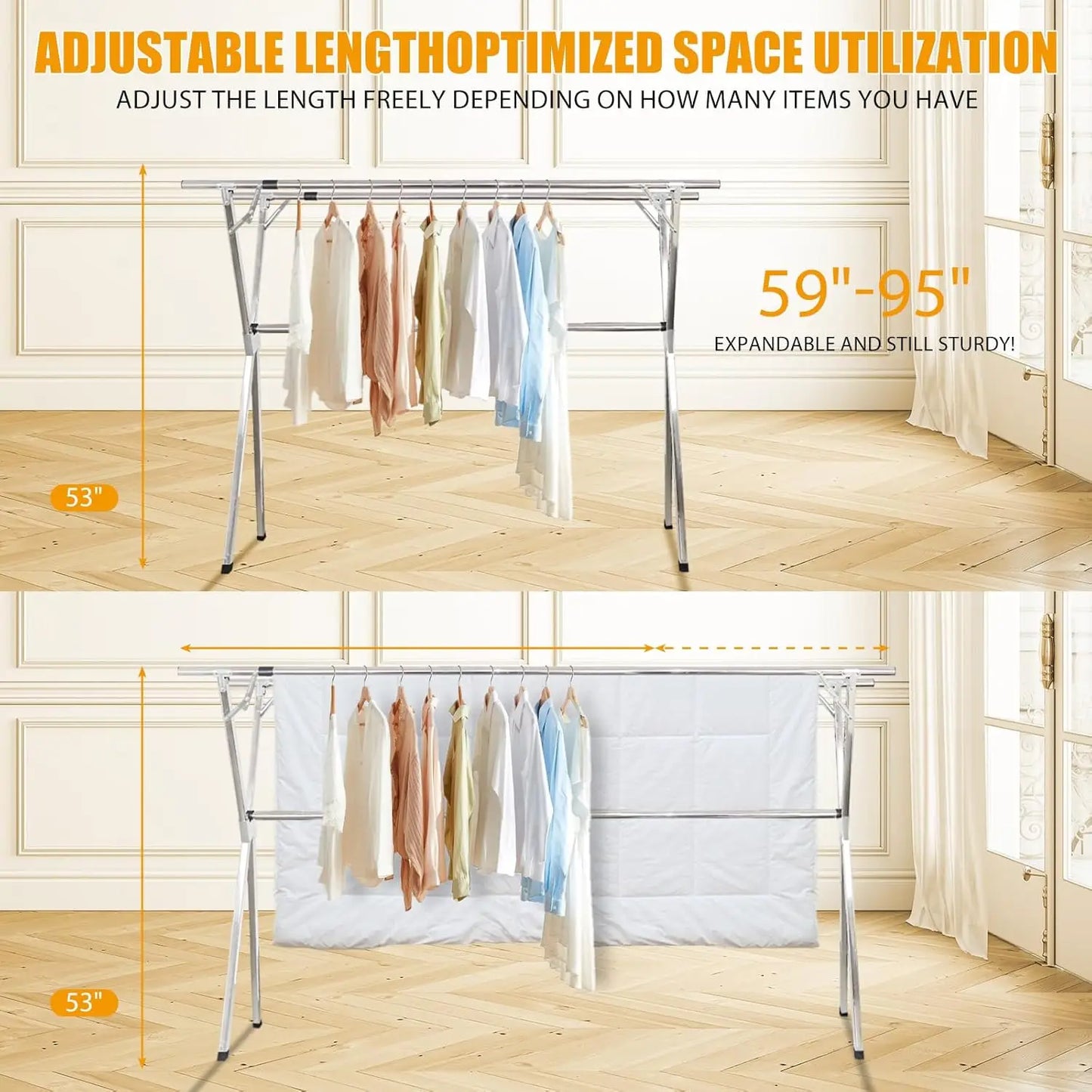 Clothes Drying Rack Adjustable Heavy Duty Laundry Rack Premium Stainless Steel Extendable Foldable 59 to 95 Inches