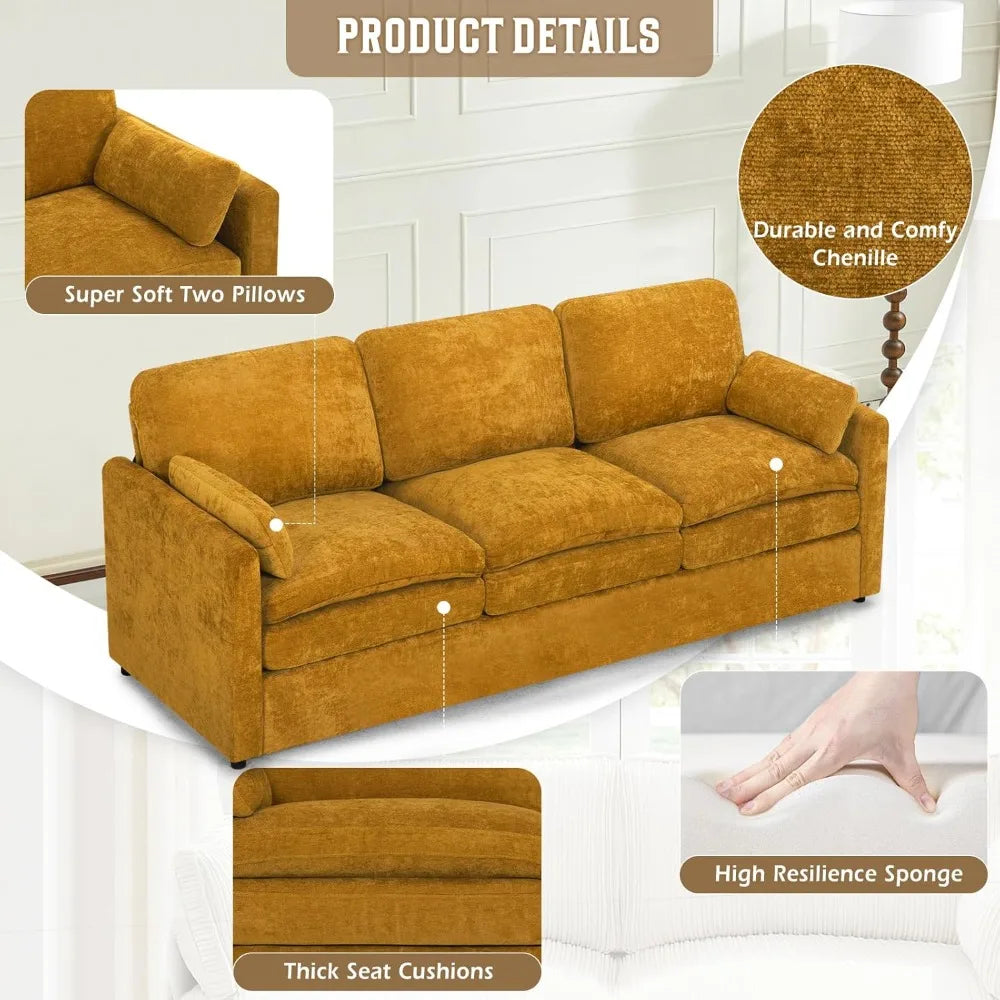 Chenille Soft Sofa w/Well-Filled Backrests, Modern Couch w/Plump Pillows, 3 Seater Upholstered Couch w/Thick & Comfy Cushions
