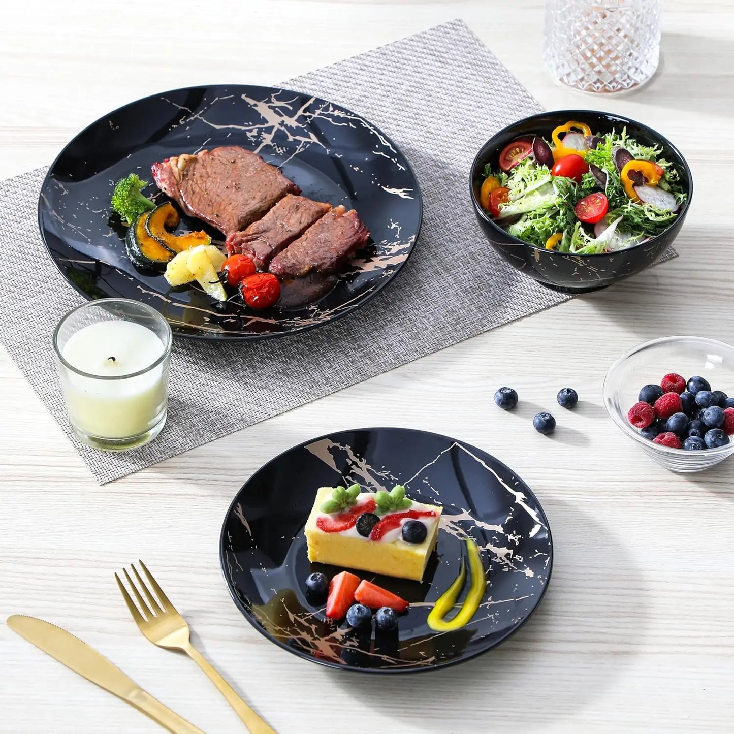 Plates and Bowls Sets for 4, 12 Pieces Porcelain Dinnerware Sets, Black and Gold Dish Set Gold Splash Dishware Sets, Dishwasher