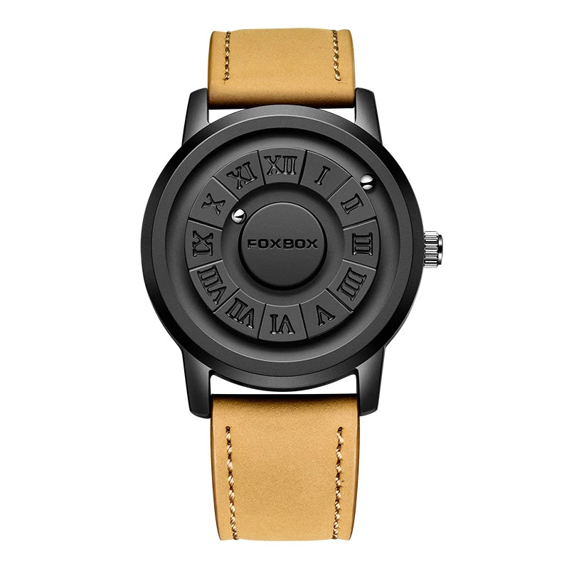 FOXBOX Men's Quartz Watch Fashion Personality Creative Scrolling Iron Ball Magnetic Pointer Waterproof for Male Watches Gift+Box