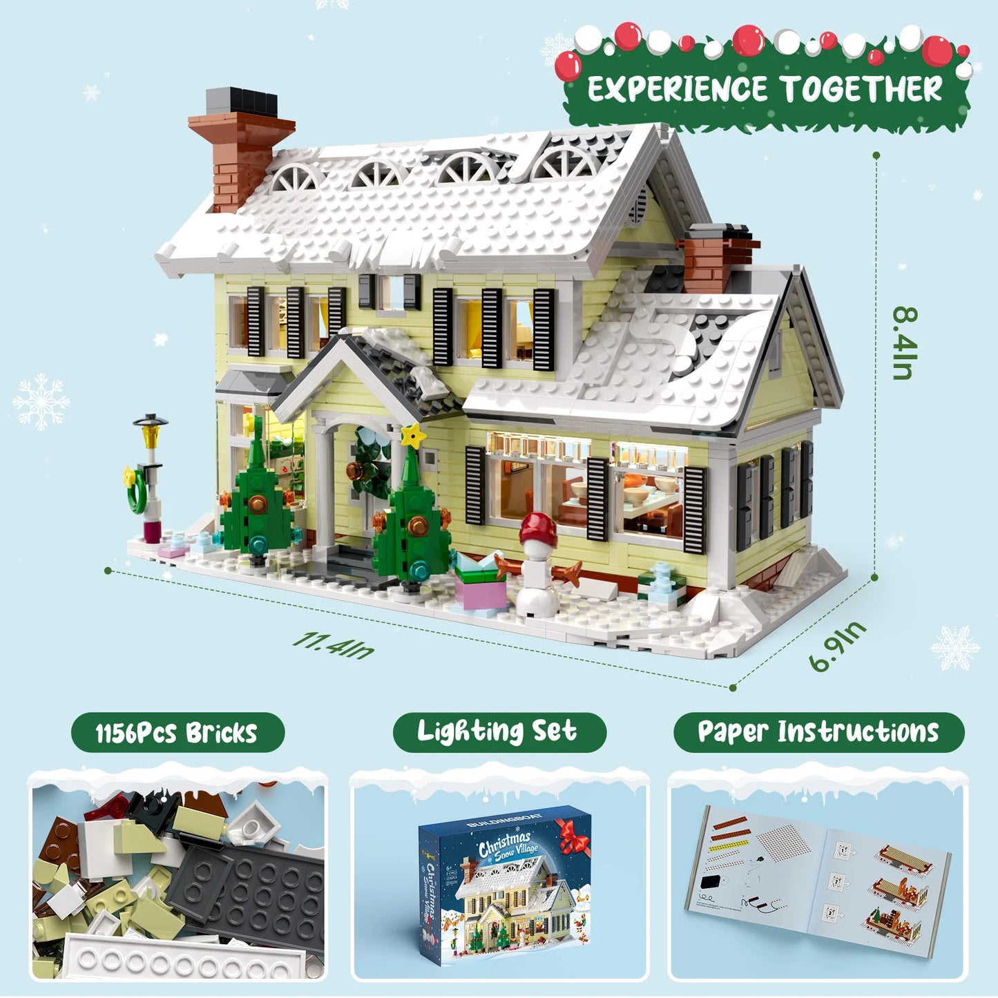 Christmas Holiday House Building Blocks Set, LED DIY Christmas Holiday Snow Village Gifts for Boys and Girls (1156pcs)