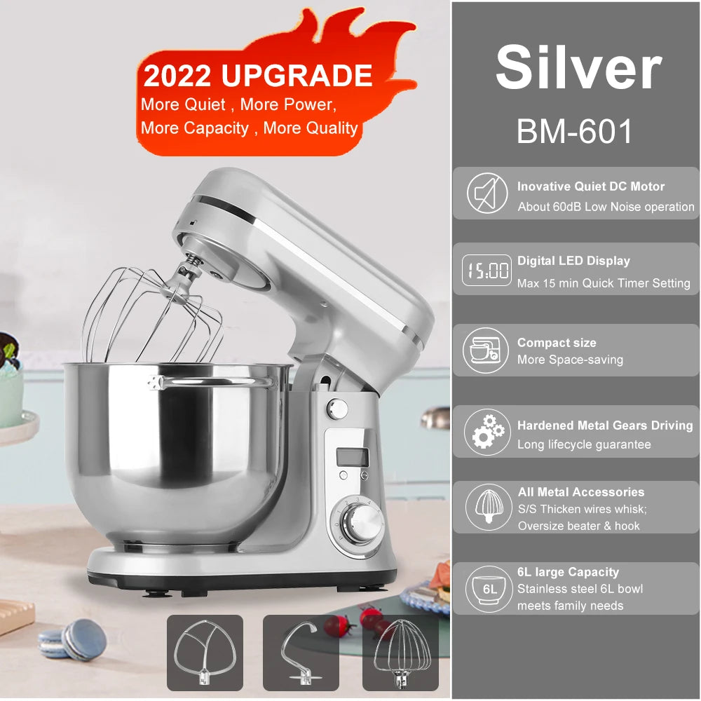 BioloMix 6L 1200W DC Quiet Motor 6-speed Kitchen Food Processors Stand Mixer Cream Egg Whisk Whip Dough Kneader Blender
