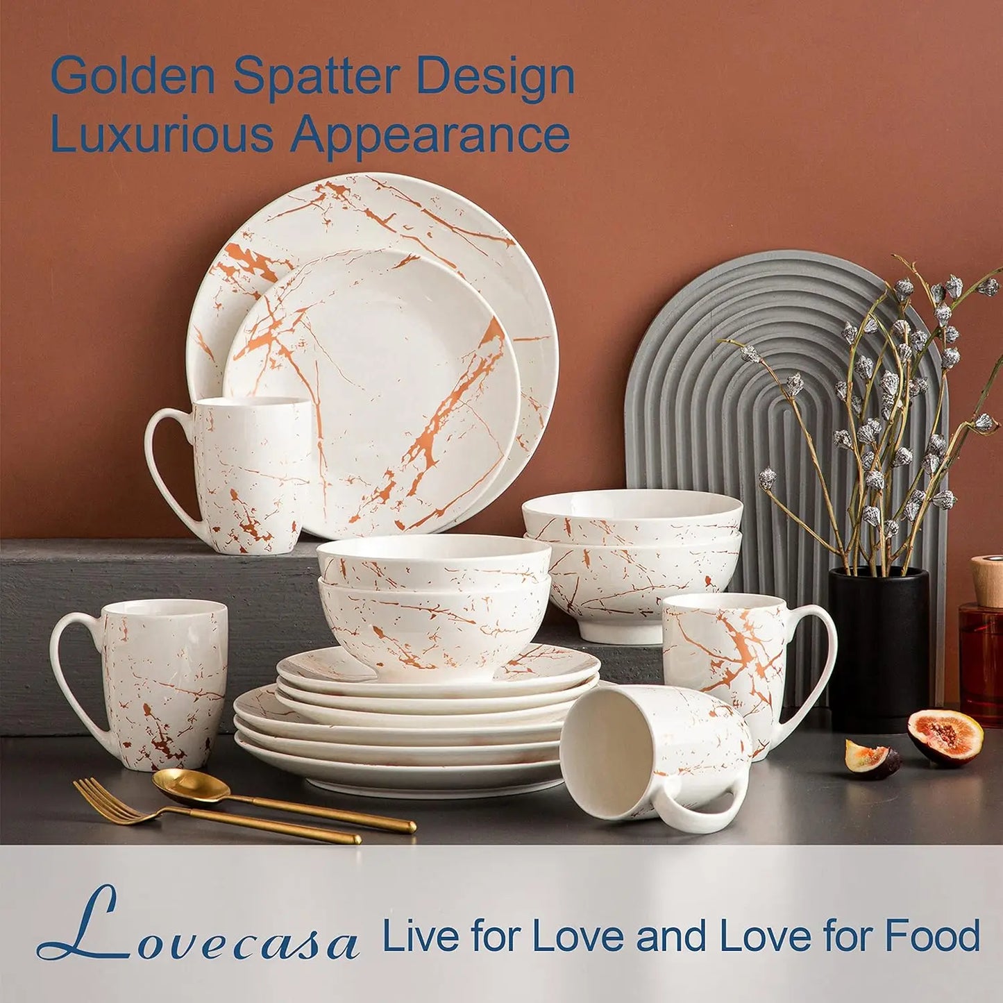 White Dinnerware Sets for 4, 16 Piece Porcelain Dish Set Plates and Bowls Sets, Gold Splash Glaze Ceramic Dinner Set with Mugs,