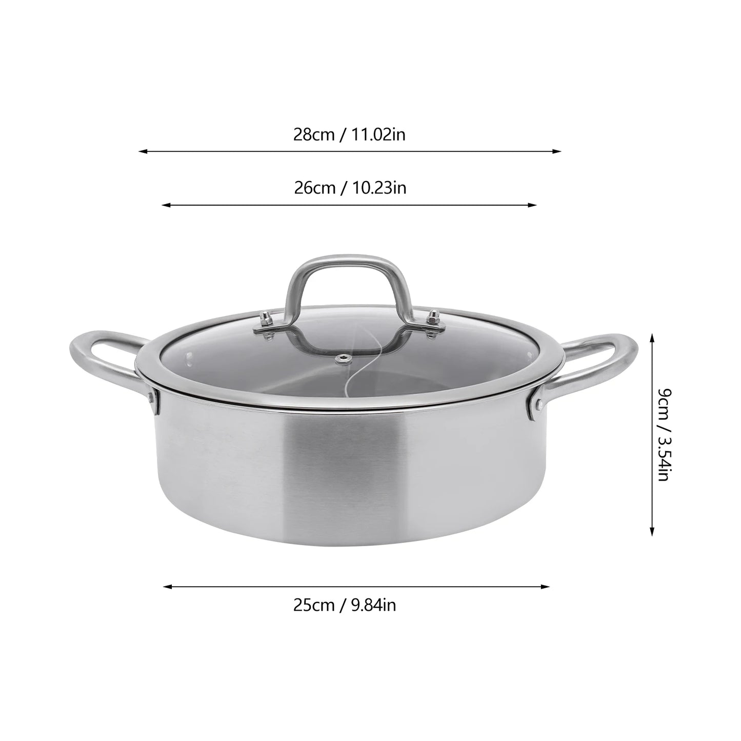 28/32/34cm 304 Stainless Steel Hot Pot with Divider Hot Pot Set Pot with Glass Lid Hot Pot with Spoon and Leaky Spoon