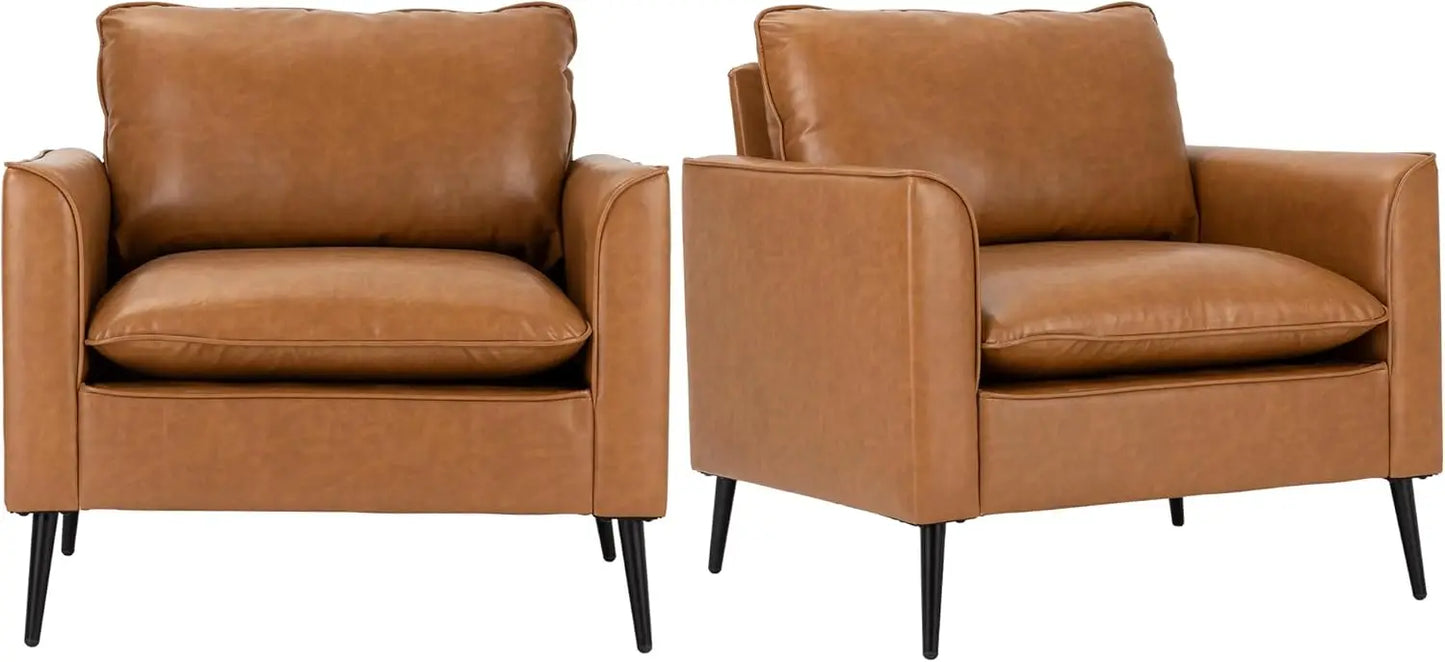 Modern Leather Chair Set of 2, Oversized Armchair for Living Room, Mid-Century Accent Reading Chair for Bedroom Comfy