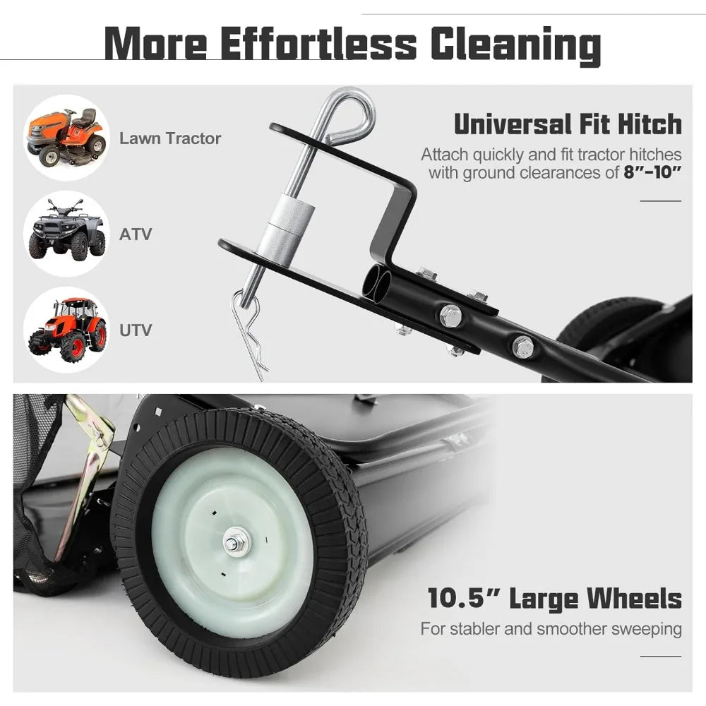 42" Lawn Sweeper Tow Behind, Yard Sweeper w/26Cu.FT Large-Capacity Hopper Bag, Dumping Rope, Adjustable Sweeping Height, Leaf G