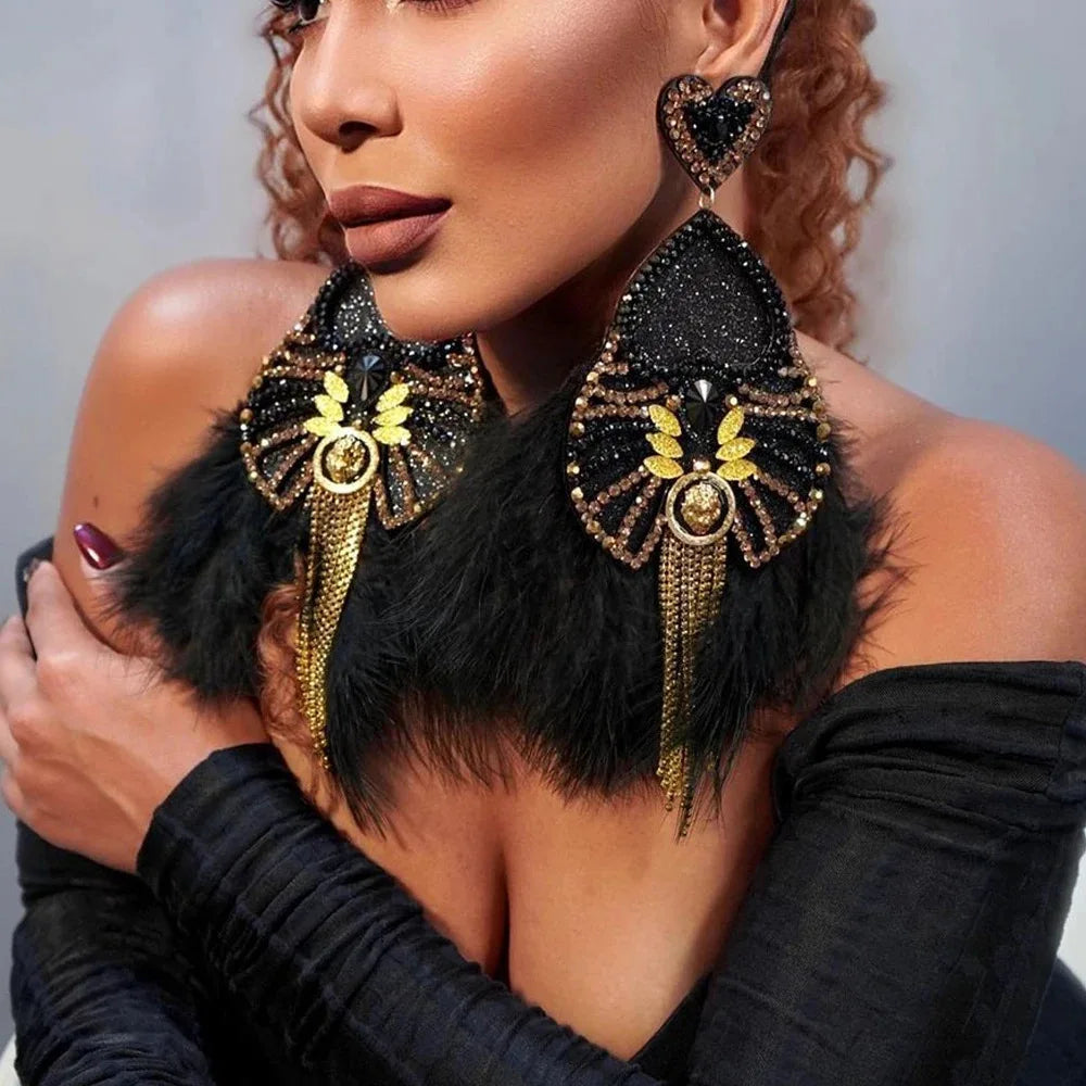 Stonefans Black Feather Dangle Earrings Oversize Statement Ear Accessories Fashion Hollow Rhinestone Hanging Earrings Drag Queen