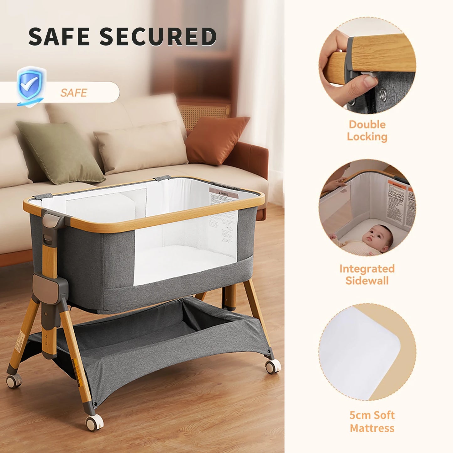 Cozy2 Baby Bedside Bassinet Sleeper Portable Travel Bassinet with Bigger Wheels 3 in 1 Bassinet Crib with Mattress, Storage Bask