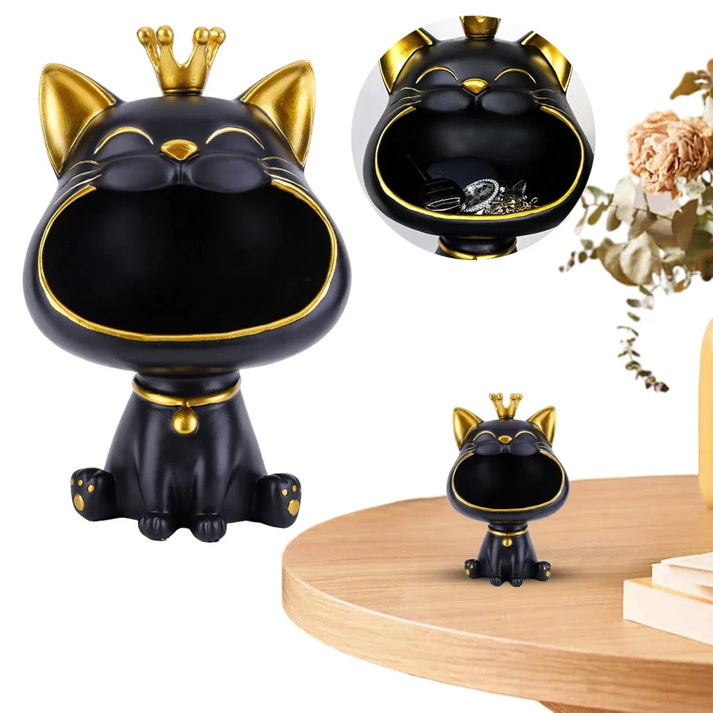 Exquisite Resin Lucky Cat Figurine Storage Box Creative Big Mouths Cat Statue for Desktop Storage and Decoration