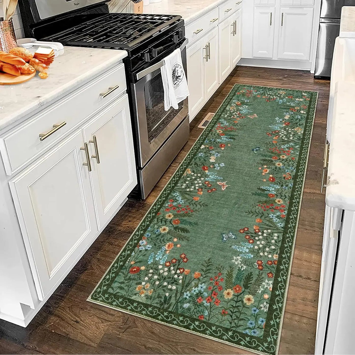 Boho Washable Rugs for Entryway Floral Area Rug for Bedroom, Non Slip ,Soft Indoor Carpet forLiving Room Kitchen Laundry Foyer