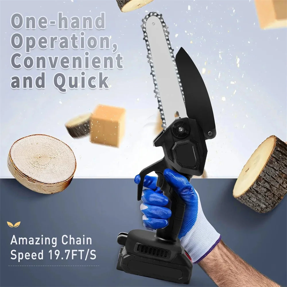 Cordless Chainsaw, Mini Chiansaw with 6 inch / 8 inch Chians, Portable Handheld Electric Chainsaw for Household & Garden