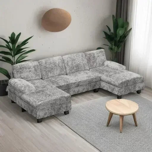 Convertible Sectional Sofa Couch,U-Shaped Modern Fabric Modular Sofa Sleeper with Double Chaise & Memory Foam (Fabric, Grey)