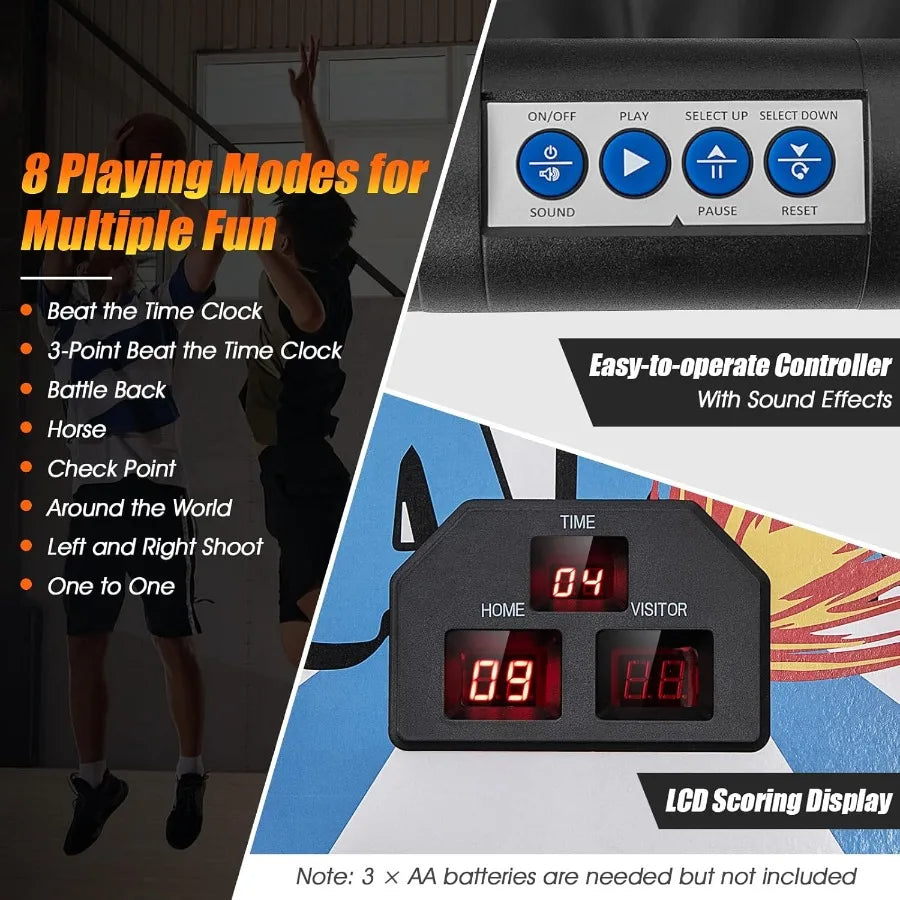 Folding Basketball Arcade Game for Indoor Outdoor Use Electronic Hoop with 8 Interactive Game Modes 4 Balls Dual Adjustable Hoo