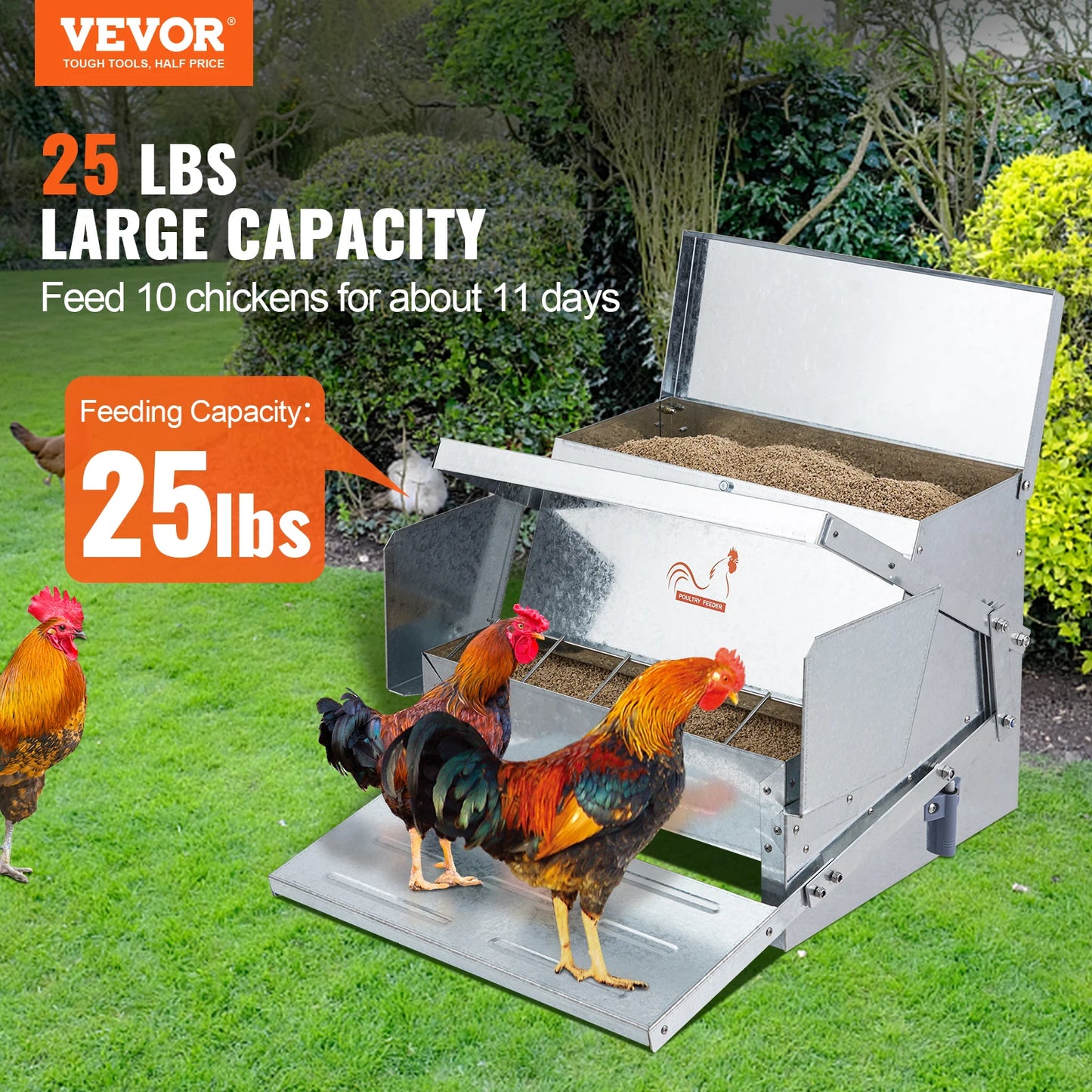 VEVOR Automatic Chicken Feeder 25 Pounds Capacity Feeds 10 Chickens up to 11 Days Galvanized Steel Poultry Feeder