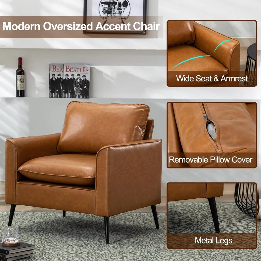 Modern Leather Chair Set of 2, Oversized Armchair for Living Room, Mid-Century Accent Reading Chair for Bedroom Comfy