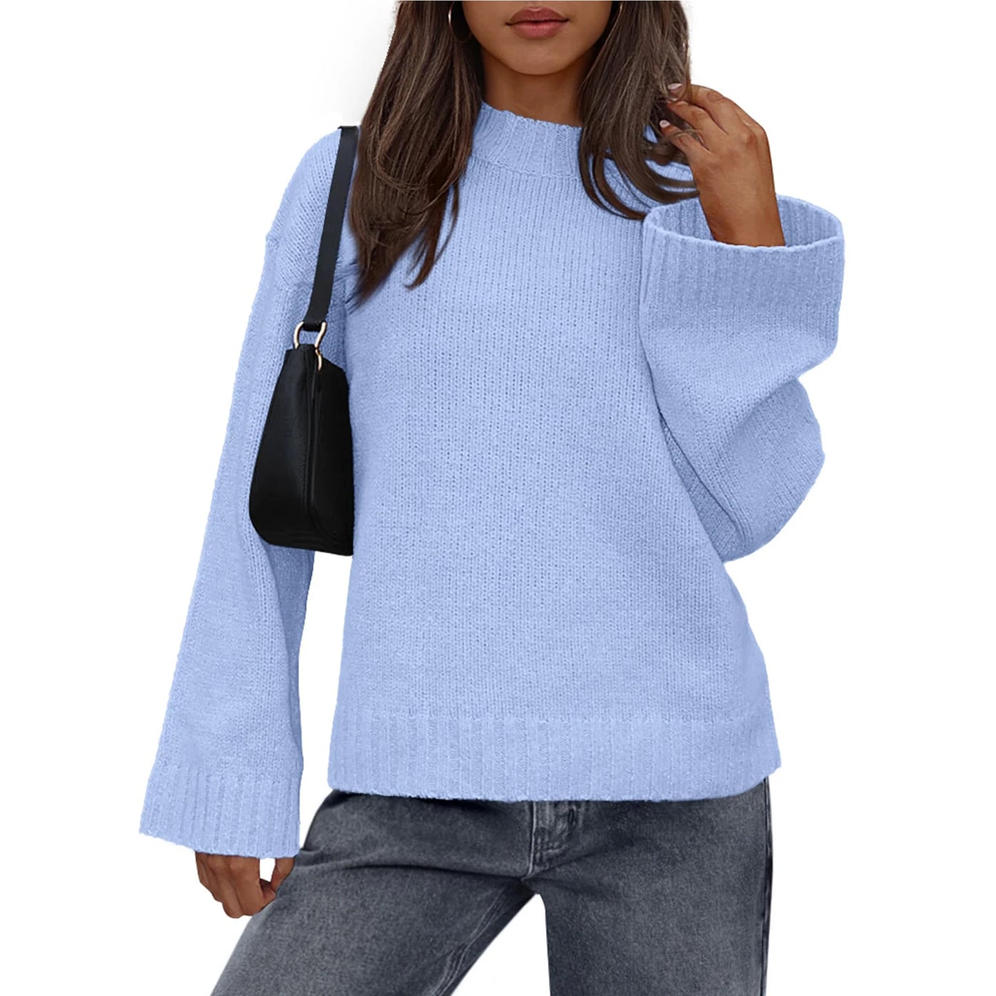 Womens Loose Round Neck Solid Color Bell Sleeve Long Sleeve Knitted Sweater Top Ropa De Mujer Sweater De Mujer Pull Femme
