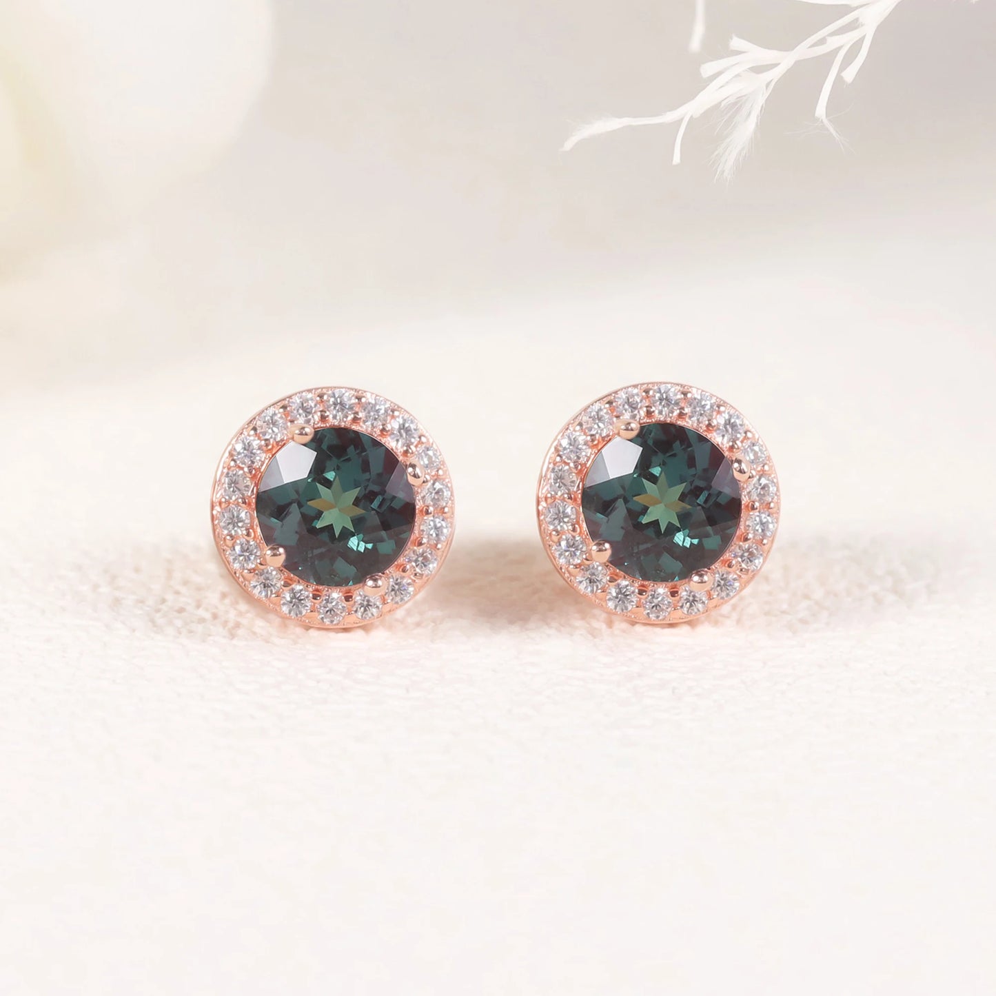 GEM'S BALLET 5mm Round Color Changing Alexandrite Halo Stud Earrings in 925 Sterling Silver For Womens Birthday Christmas Gift