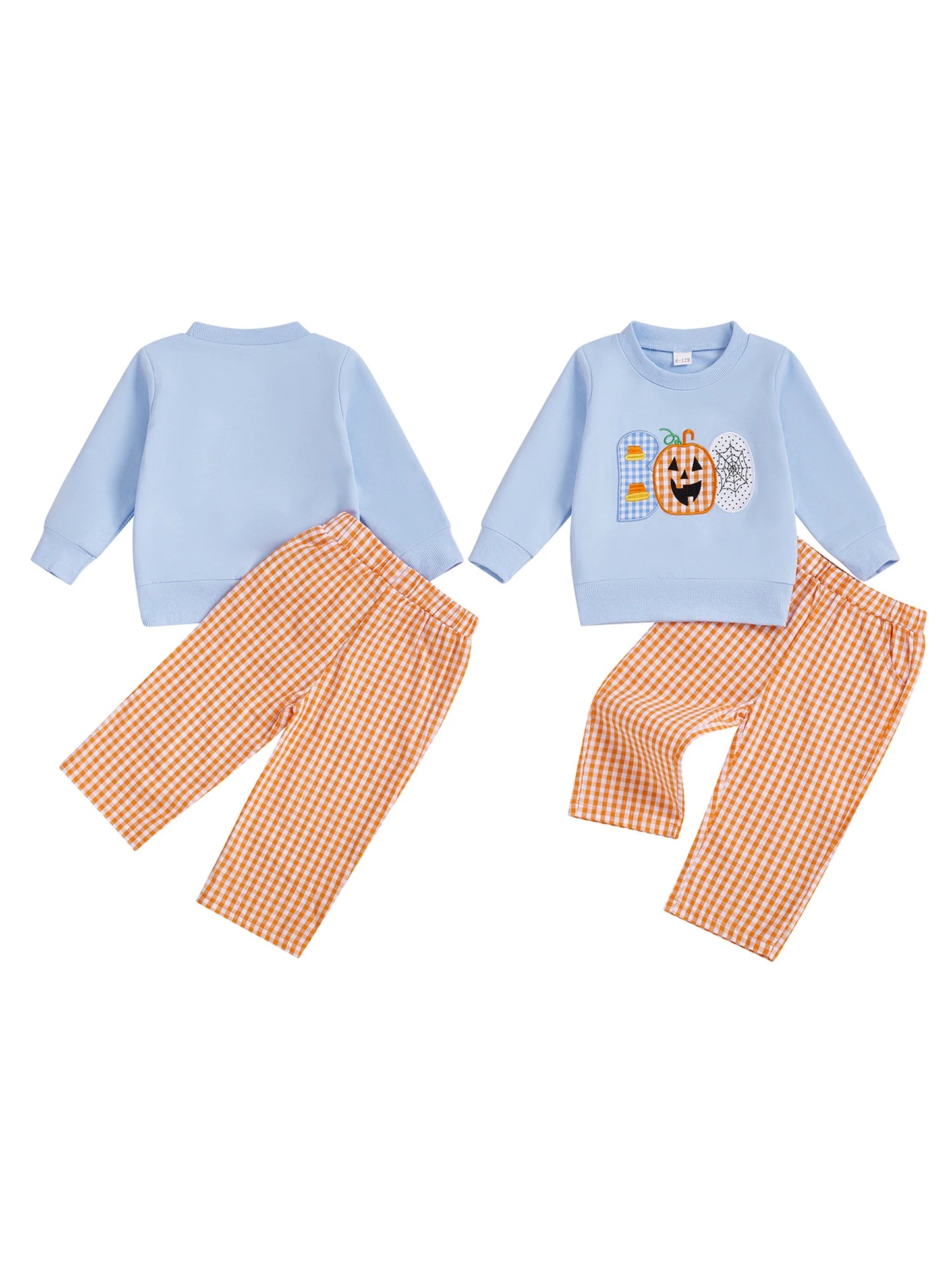 Adorable Toddler Boy Halloween Costume Set with Pumpkin Embroidery and Plaid Pants for a Spooky Fun Look
