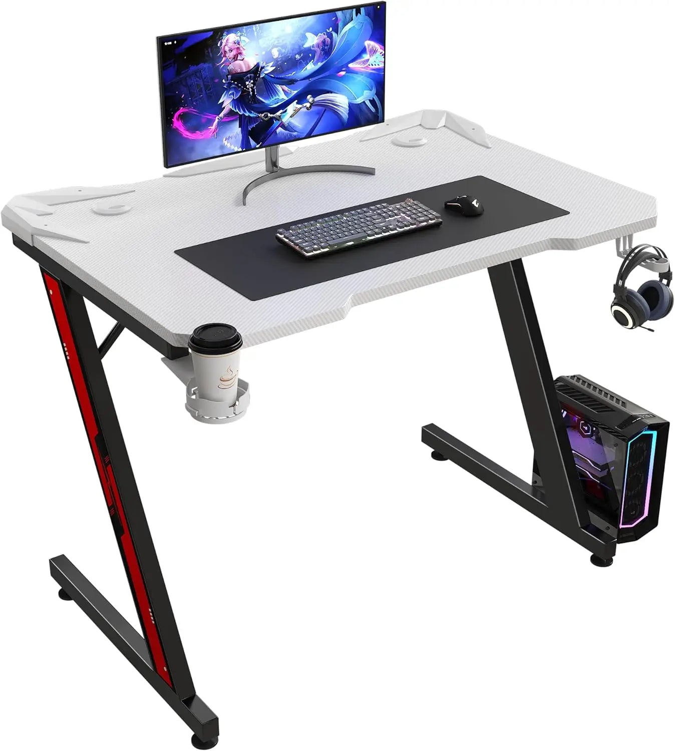 Gaming Computer Desk with Carbon Fiber Surface, Gaming Table Z Shaped PC Home Office with Cup Holder&Headphone Hook