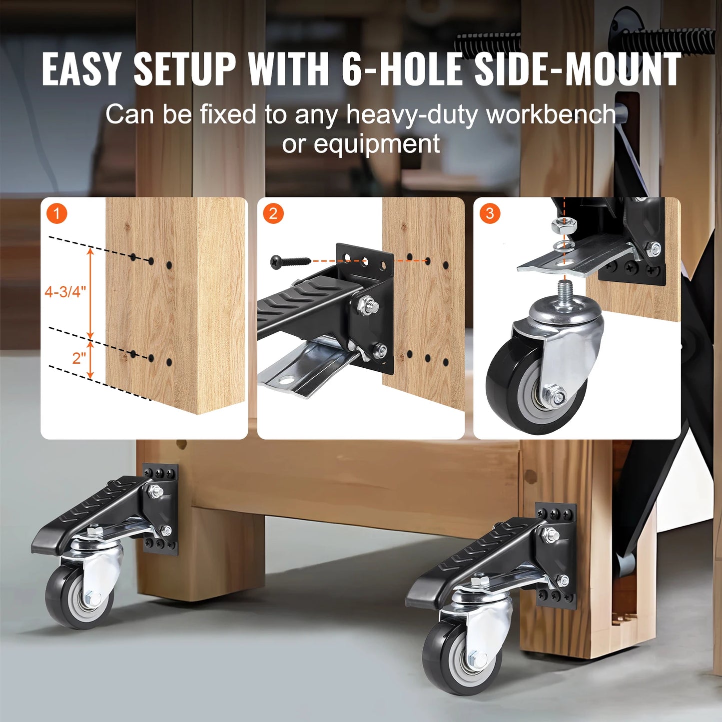 SucceBuy 165 lbs 2.5" Set of 4 Workbench Caster Wheels Mounted Retractable Stepdown Wheel 360° Swivel for Tables and Equipment
