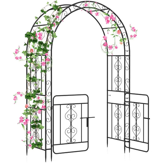 Garden Arbor with Gate, 84" H x 54" W Metal Arch Trellis for Climbing Plants Rose Vines, 6 Sharp Ground Stakes, Heavy Duty