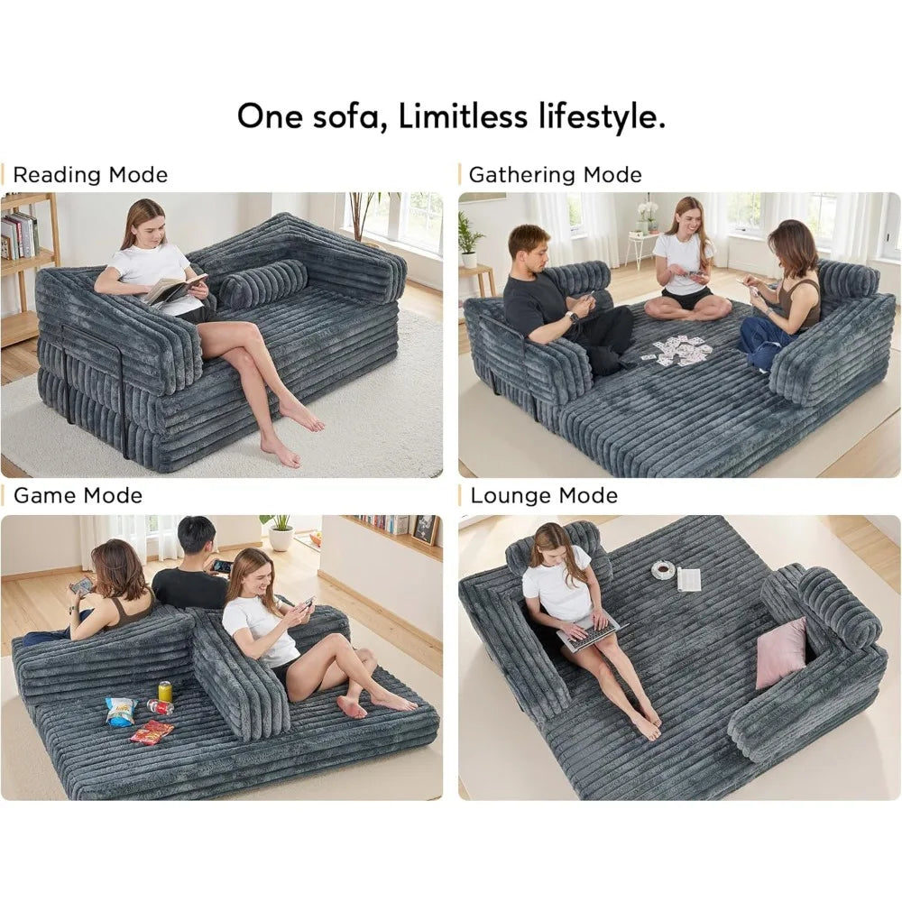Foldable Sofa Bed, Convertible Floor Sofa with Plush Faux Fur, No Assembly Mattress Couch for Living Room, Apartment, Bedroom,