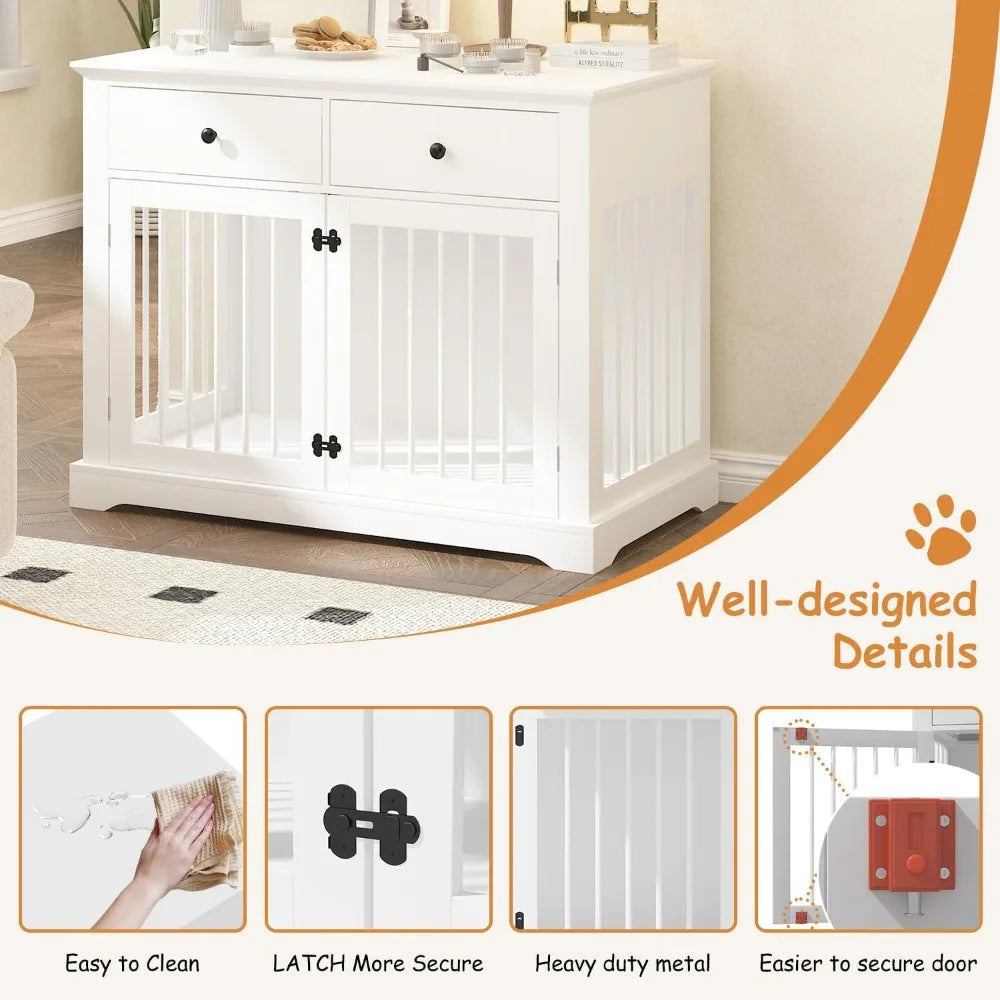 Dog Crate Furniture, 44 Inch Wooden Dog Kennel Indoor with 2 Storage Drawers, Heavy Duty Large Dog Crate Furniture