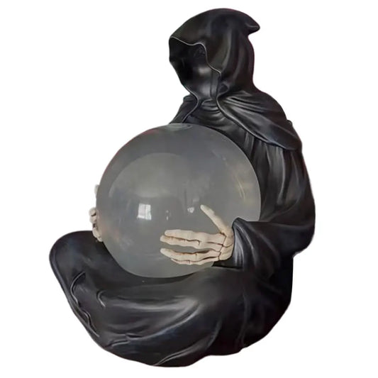 Grim Reaper Statue Crystals Balls Reaper Sitting Statue Floating Bat Crystal Ball Resin Death Robe Sculpture for Halloween Decor