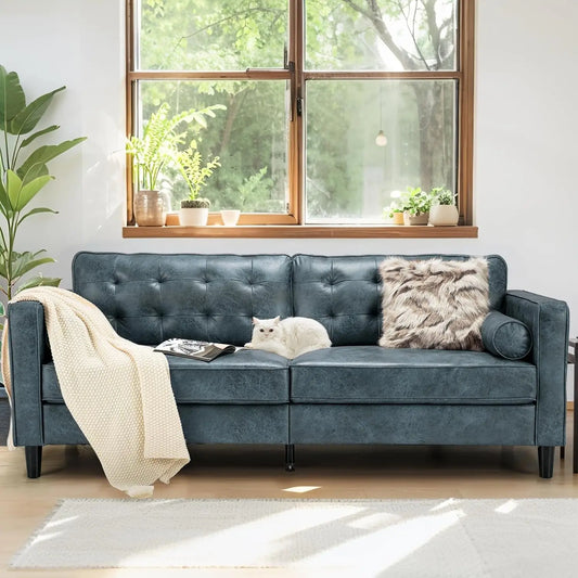 Faux Leather Sofa, 84.2-Inch Mid Century Modern 3-Seater Couch with 2 Bolster Pillows, Large Blue Sofa for Living Room
