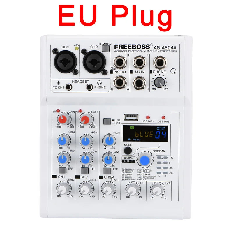 Freeboss Mixing Console Mobile Broadcast 4 Channel Bluetooth PC USB 88 DSP Digital Effect White Sound Audio Mixer AG-AS04A