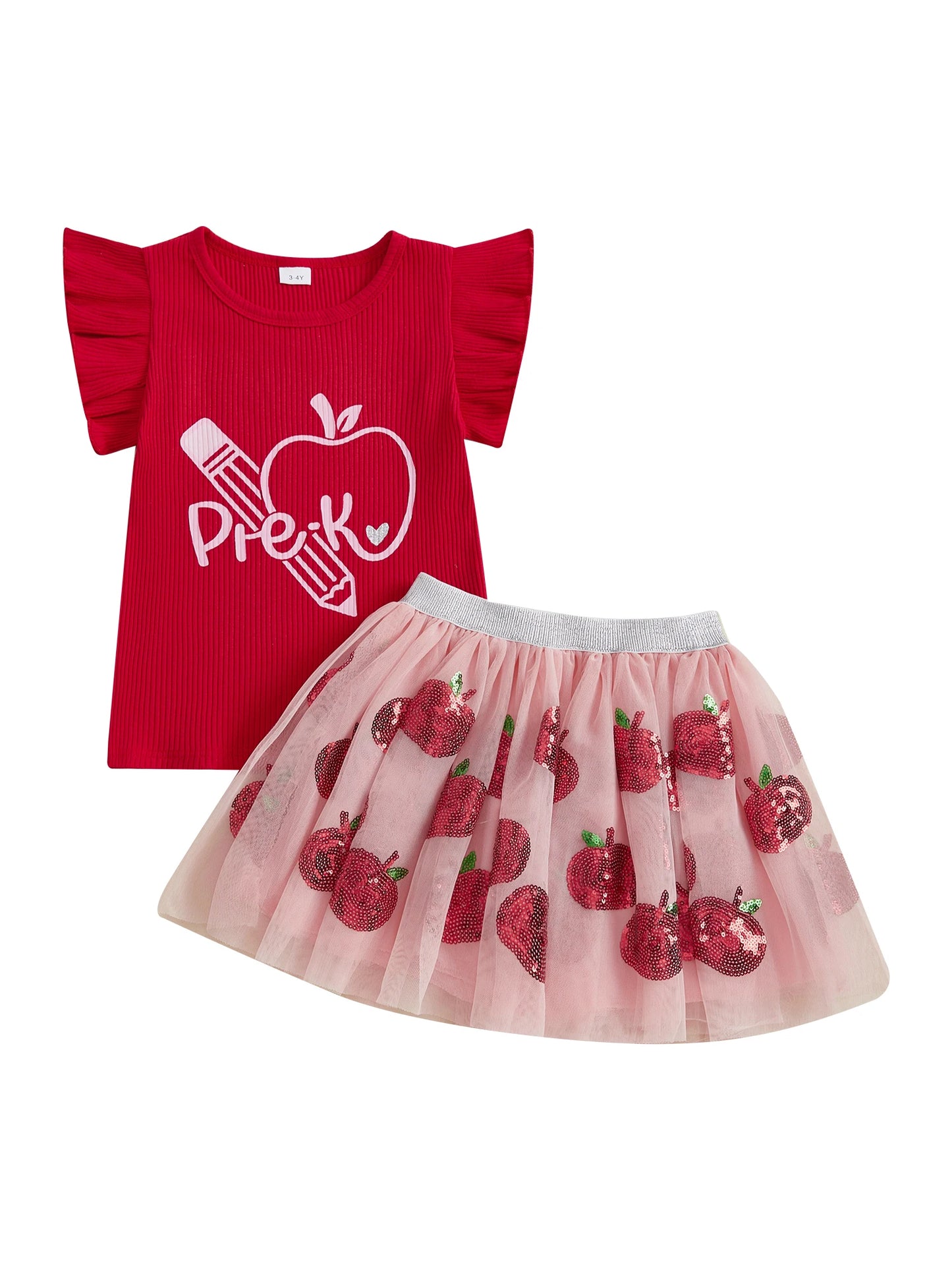 Cute Toddler Girls Back to School Outfits with Flutter Sleeve Apple Print Tops and Tulle Skirt Set - Adorable Baby Clothes for