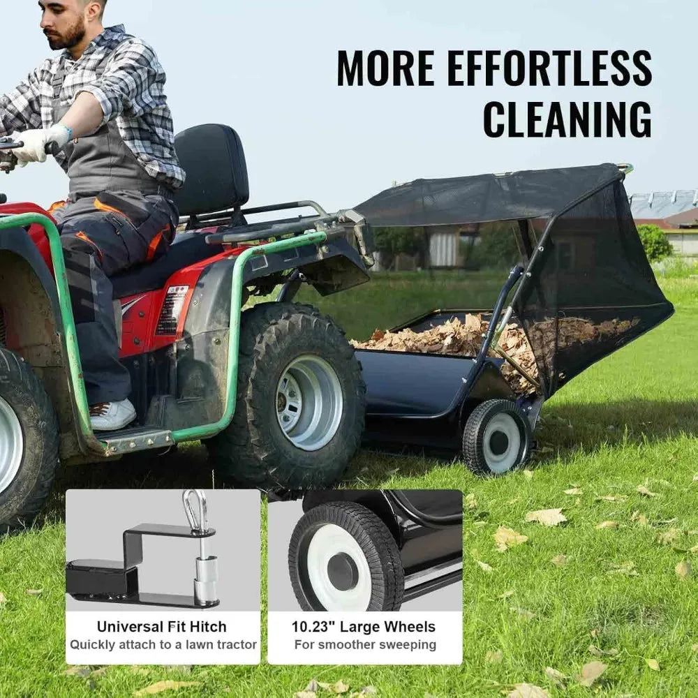 Lawn Sweeper Tow-Behind, 42 in 12 Cu. Ft. Leaf & Grass Collector with Strong Rubber Wheels & Heavy Duty Thickened Steel Frame He