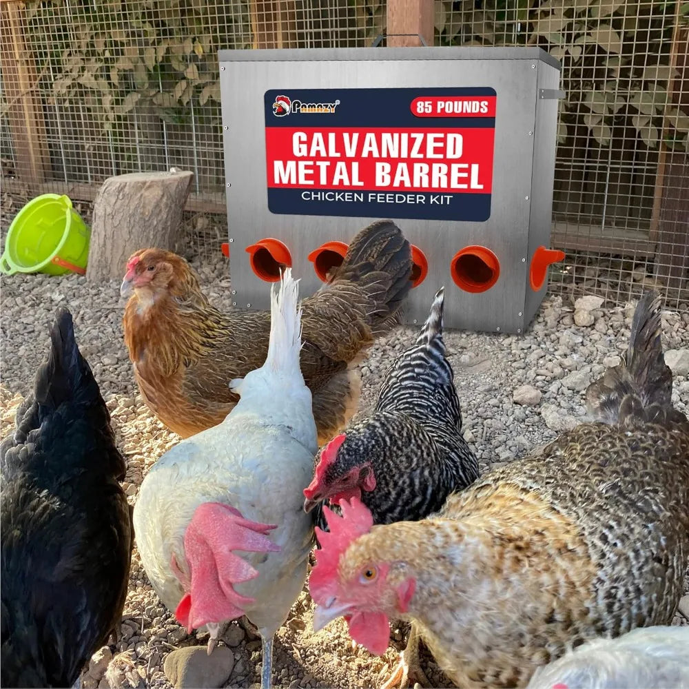 Large Capacity 85lbs Automatic Metal Poultry Feeder Set, Chicken Galvanized Trough, Chicken Feeder No Waste, Rainproof Poultry F